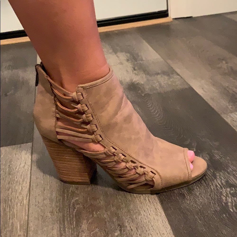 Tan open toed booties